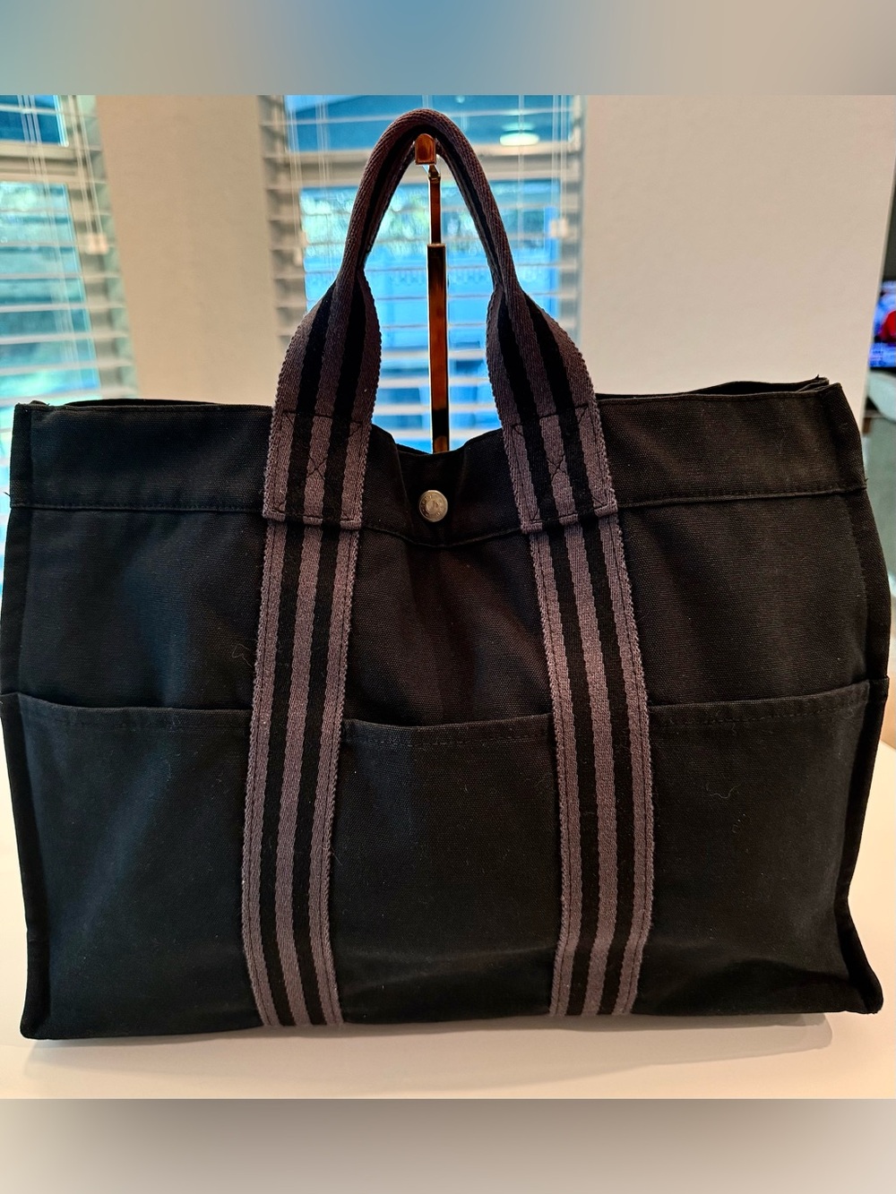 Hermes Fourre-Tout Black Canvas Tote with Dark Gray Striped Handles